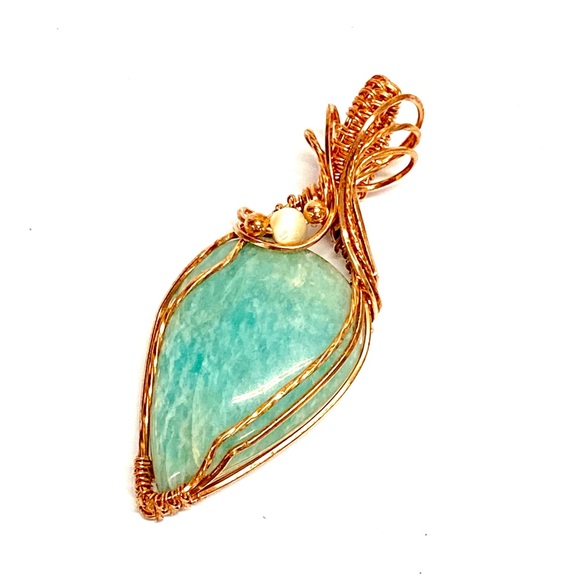 HANDMADE Amazonite & Mother of Pearl Hand Wrapped Pure Copper Statement Pendant - Picture 6 of 10